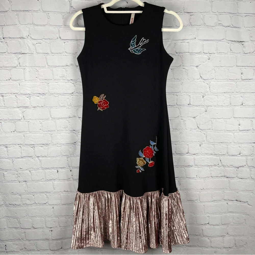 GINGER unique black floral bird embellished sleeveless midi dress, size XXS - Picture 1 of 14